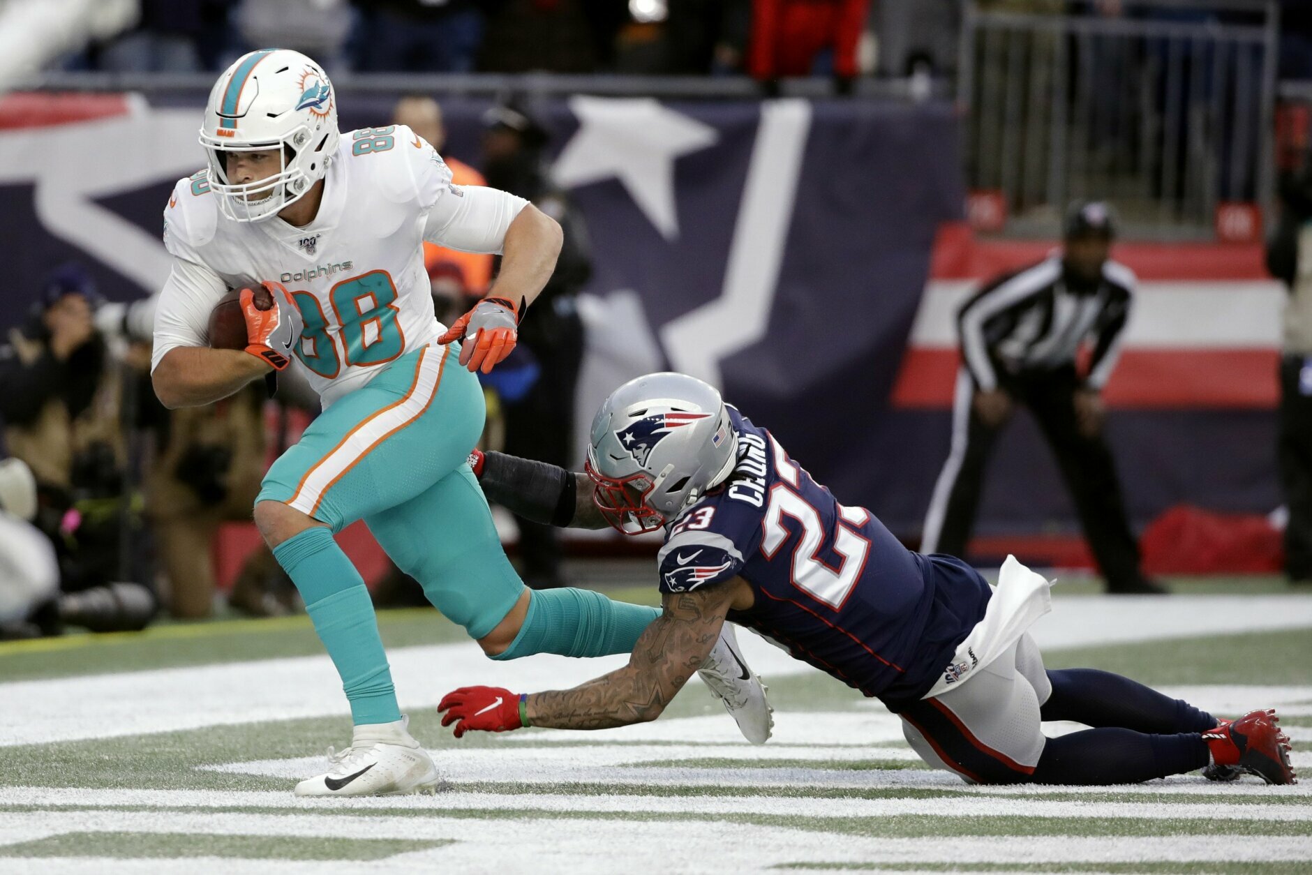 <p><b><i>Dolphins 27</i></b><br />
<b><i>Patriots 24</i></b></p>
<p>Miami&#8217;s first win in New England in 11 years, and their 5-4 finish after a historically bad 0-7 start, suggests the Dolphins are on the right track. If they make the most of their draft bounty in 2020 — they have three first-round picks, a pair of second-rounders and at least 10 picks in total — this could eventually become the new king of the AFC East.</p>
<p>But the actual Patriots find themselves in an unfamiliar position: A wild card team for the first time since 2009 and questions surrounding whether Tom Brady — who <a href="https://profootballtalk.nbcsports.com/2019/12/28/tom-brady-caps-a-historic-season-on-sunday/" target="_blank" rel="noopener">made NFL history by just being on the field</a> for all 16 games — has enough left in the tank to take New England the long way back to the Super Bowl. With former Patriot Mike Vrabel returning to Foxborough with a tough Titans team on a roll, the Pats are in danger of a rare one-and-done playoff run.</p>

