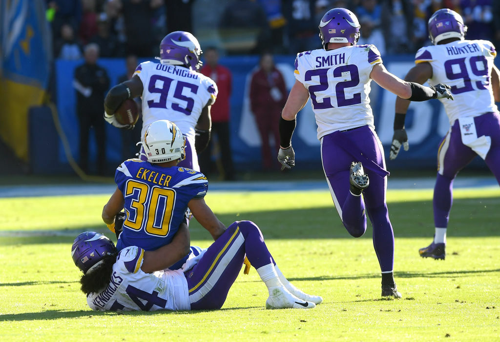 <p><b><i>Vikings 39</i></b><br />
<b><i>Chargers 10</i></b></p>
<p>L.A. somehow managed to turn the ball over seven (7!) times to a Vikings team sporting a 1-6 record in the Mountain and Pacific time zones under coach Mike Zimmer. Philip Rivers looks done and Anthony Lynn might be too if he doesn&#8217;t give Tyrod Taylor a chance to show what&#8217;s he&#8217;s got in the Chargers&#8217; final two games.</p>
