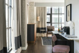 A suite in the Thompson D.C. in the Capitol Riverfront's Navy Yard Neighborhood. The hotel's 225 rooms and suites all have floor-to-ceiling windows and views of the Anacostia River and Nationals Park.
