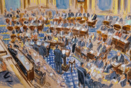This artist sketch depicts White House counsel Pat Cipollone speaking in the Senate chamber during the impeachment trial against President Donald Trump on charges of abuse of power and obstruction of Congress, at the Capitol in Washington, Tuesday, Jan. 21, 2020.  (Dana Verkouteren via AP)