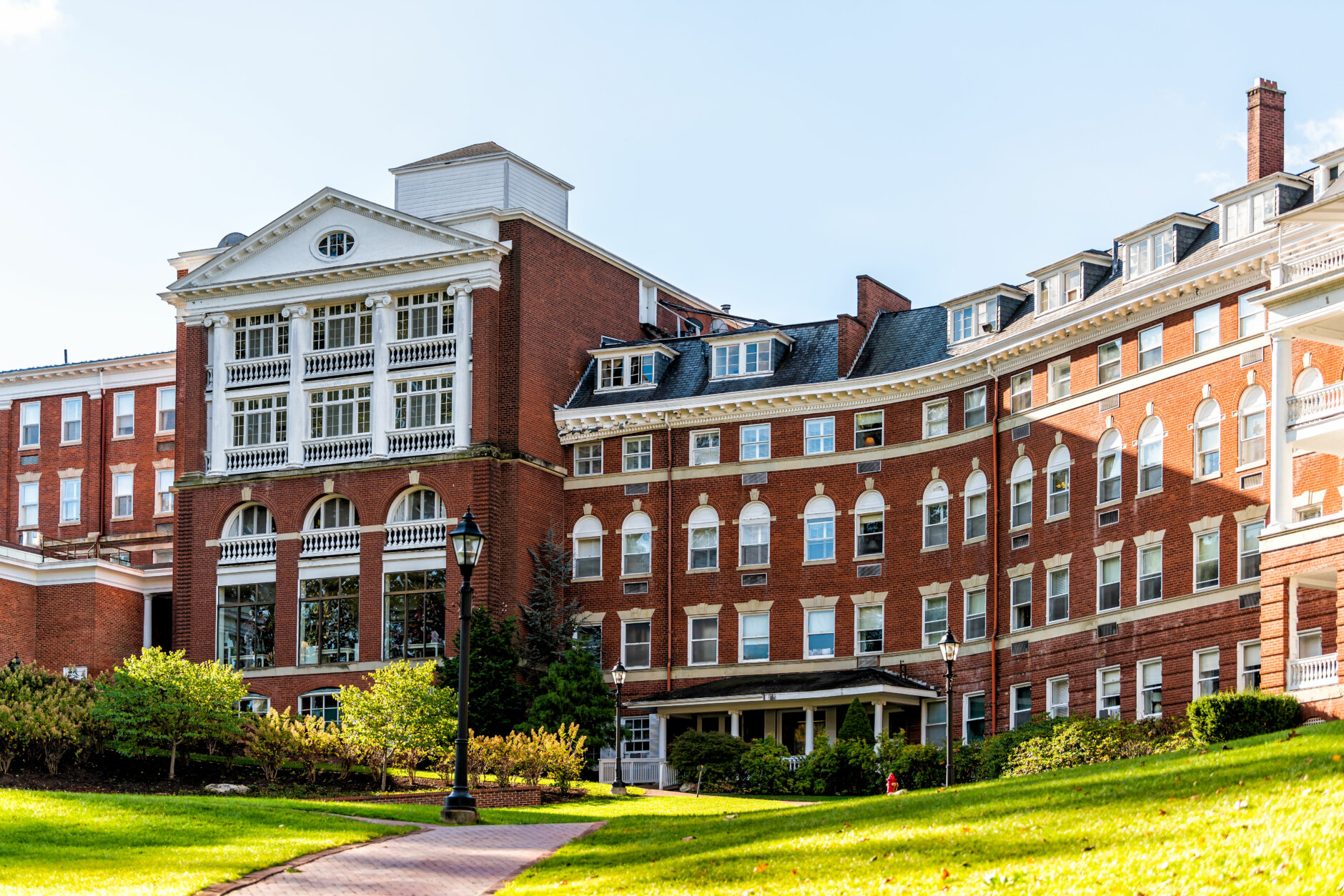 Hot Springs, USA - October 18, 2019: Historic Omni Homestead brick architecture hotel in downtown town village city in Virginia countryside