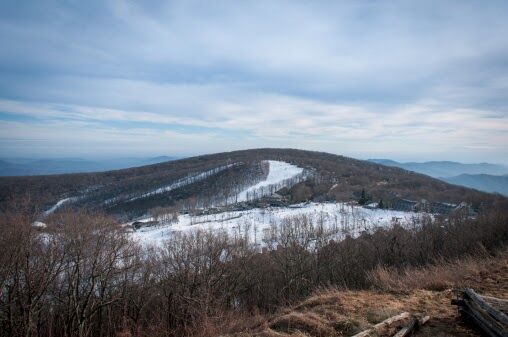View of Wintergreen mountain on the Blue Ridge. Winter, the slopes are slightly cover with snow.