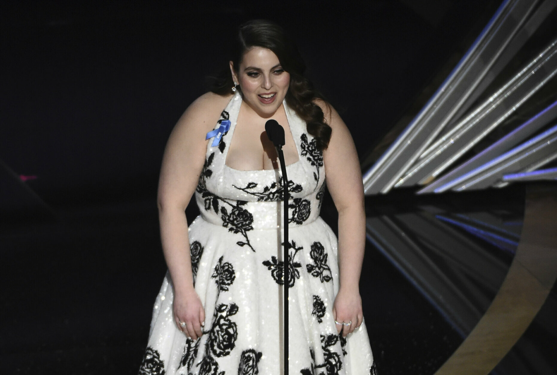 Beanie Feldstein speaks onstage at the Oscars on Sunday, Feb. 9, 2020, at the Dolby Theatre in Los Angeles. (AP Photo/Chris Pizzello)
