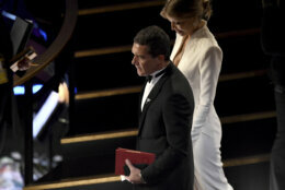 Antonio Banderas, left and Nicole Kimpel appear in the audience at the Oscars on Sunday, Feb. 9, 2020, at the Dolby Theatre in Los Angeles. (AP Photo/Chris Pizzello)