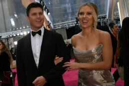 US actress Scarlett Johansson arrives with husband Colin Jost for the 92nd Oscars at the Dolby Theatre in Hollywood, California on February 9, 2020. (Photo by VALERIE MACON / AFP) (Photo by VALERIE MACON/AFP via Getty Images)