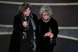 Nancy Haigh (L) and Barbara Ling accept the award for Best Production Design for "Once upon a Time...in Hollywood" during the 92nd Oscars at the Dolby Theatre in Hollywood, California on February 9, 2020. (Photo by Mark RALSTON / AFP) (Photo by MARK RALSTON/AFP via Getty Images)