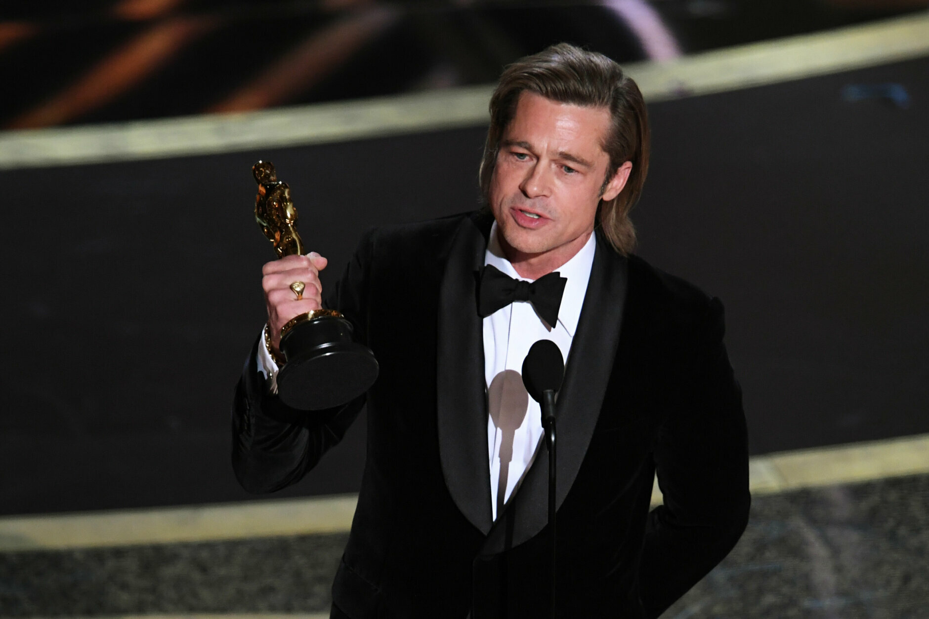 HOLLYWOOD, CALIFORNIA - FEBRUARY 09: Brad Pitt accepts the Actor in a Supporting Role award for 'Once Upon a Time...in Hollywood' onstage during the 92nd Annual Academy Awards at Dolby Theatre on February 09, 2020 in Hollywood, California. (Photo by Kevin Winter/Getty Images)