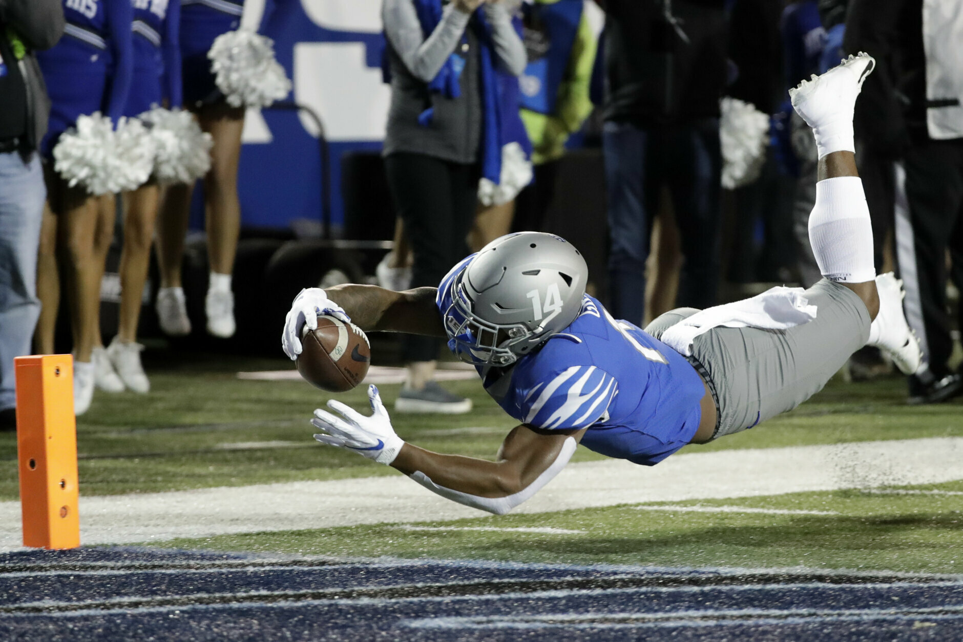 Memphis wide receiver Antonio Gibson dives for the end zone against SMU in the first half of an NCAA college football game Saturday, Nov. 2, 2019, in Memphis, Tenn. Gibson was ruled down just short of the goal line. (AP Photo/Mark Humphrey)