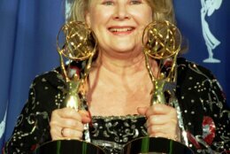 <p>Shirley Knight, winner of Outstanding Supporting Actress in a miniseries or special, holds the Emmy she won for &#8220;Indictment: The McMartin Trial,&#8221; and another Emmy for Judy Davis who also won Outstanding Actress in a miniseries or special for &#8220;Serving in Silence: The Margarethe Cammermeyer Story,&#8221; at the 47th Annual Primetime Emmy Awards ceremony Sunday, Sept. 10, 1995, at the Pasadena Civic Auditorium in Pasadena, Calif. Davis was not present at the ceremonies. (AP Photo/Reed Saxon)</p>
