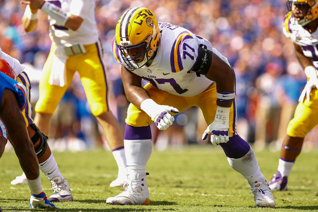 GAINESVILLE, FL - OCTOBER 06: LSU Tigers offensive lineman Saahdiq Charles (77) lines up for a play during the game between the LSU Tigers and the Florida Gators on October 6, 2018 at Ben Hill Griffin Stadium at Florida Field in Gainesville, Fl. (Photo by David Rosenblum/Icon Sportswire via Getty Images)