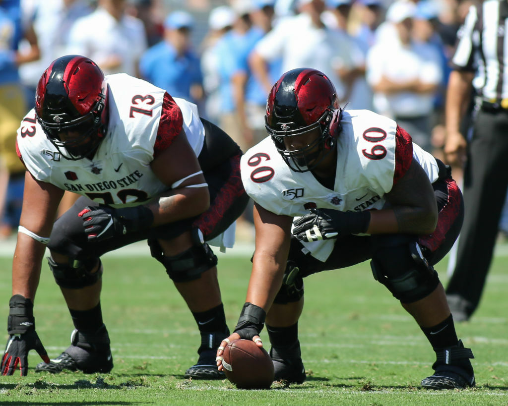 PASADENA, CA - SEPTEMBER 07: San Diego State Aztecs offensive lineman Keith Ismael #60 and San Diego State Aztecs offensive lineman William Dunkle #73 before a snap  during a college football game between San Diego State Aztecs vs UCLA Bruins on September 07, 2019 at the Rose Bowl in Pasadena, CA.(Photo by Jevone Moore/Icon Sportswire via Getty Images)