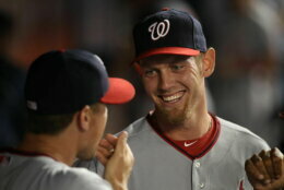 MIAMI, FL - APRIL 15:  Stephen Strasburg #37 of the Washington Nationals smiles against the Miami Marlins in the first inning at Marlins Park on April 15, 2013 in Miami, Florida. All uniformed team members are wearing jersey number 42 in honor of Jackie Robinson Day as the Nationals defeated the Marlins 10-3.  (Photo by Marc Serota/Getty Images)