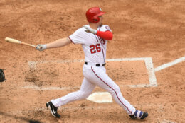 WASHINGTON, DC - APRIL 03:  Adam Lind #26 of the Washington Nationals hits a pitch hit home run pitches during the game against  the Miami Marlins at Nationals Park on April 3, 2017 in Washington, D.C.  The Nationals won 4-2.  (Photo by Mitchell Layton/Getty Images)