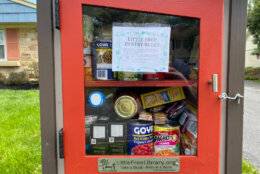 A little free library filled with food.