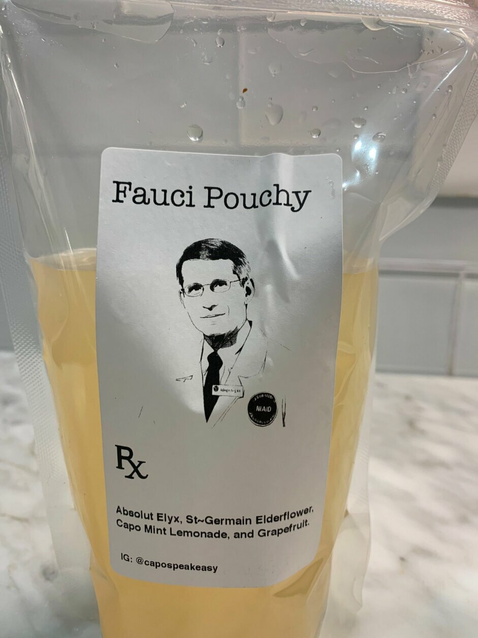 <p style="text-align: left;">Capo, a deli on U Street in D.C.&#8217;s Shaw neighborhood, is making take-home drinks in a Fauci Pouchy, honoring Dr. Anthony Fauci. The drinks <a href="https://www.grubhub.com/restaurant/capo-italian-deli-715-florida-ave-nw-washington/847240" target="_blank" rel="noopener">available</a> include a lemonade and vodka combo, along with a mezcal cocktail called &#8220;The Tiger King,&#8221; and a bourbon drink known as the &#8220;Wu-Han Clan.&#8221;</p>
