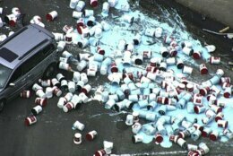 This Chopper4 image shows thousands of gallons of spilled paint on Route 1 at the Prince William Parkway intersection on May 20, 2020. 