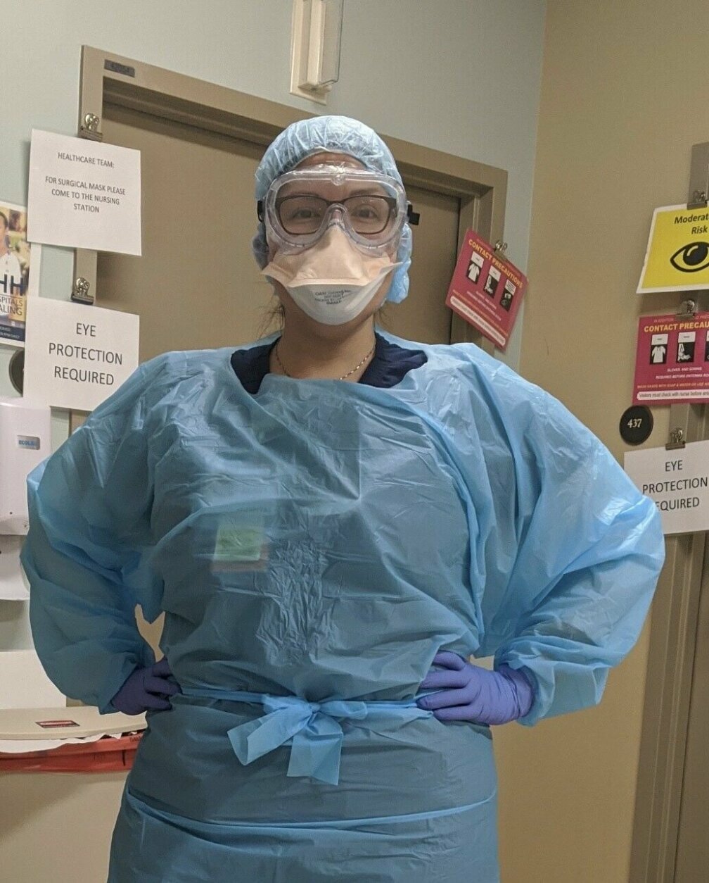 Esperanza Sanchez in protective gear. Sanchez is a lawyer for the U.S. Department of Labor who has decided to fight COVID-19 head-on. 