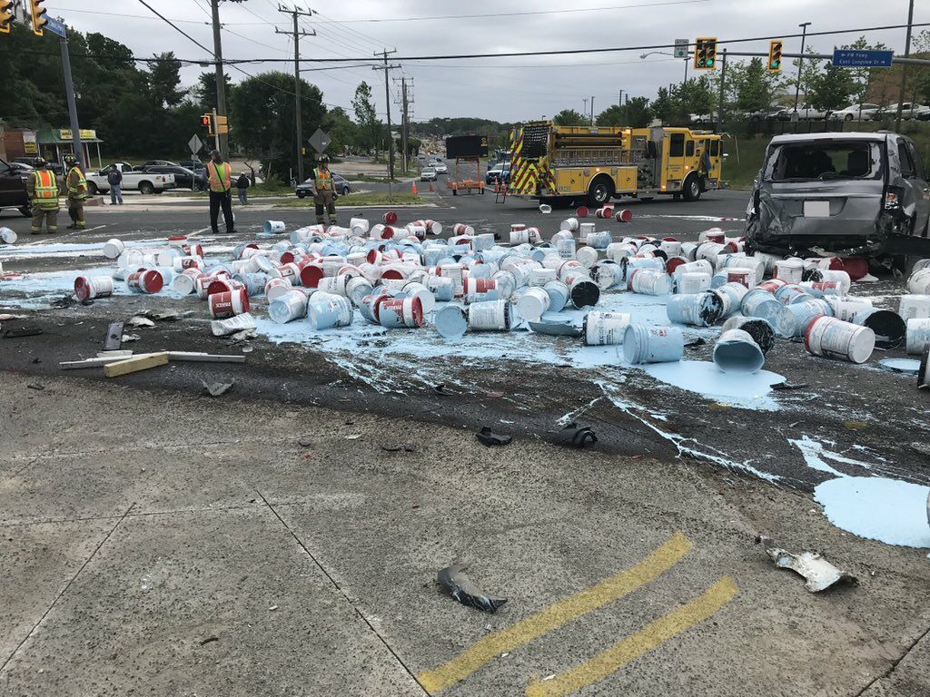 Paint is spilled at the site of a crash on Route 1 at Prince William Parkway on Wednesday, May 20, 2020. (Courtesy Virginia Department of Transportation)