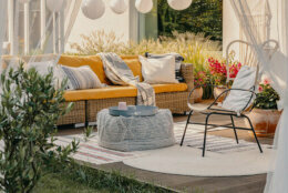<p><span style="font-weight: 400;">Level up with an outdoor fabric couch, chairs, pillows, and blankets to relax outside in total comfort!</span></p>
<p><span style="font-weight: 400;"> </span><span style="font-weight: 400;">Photo Credit: </span><a href="https://www.gettyimages.com/"><span style="font-weight: 400;">G</span><span style="font-weight: 400;">ettyImages</span></a><span style="font-weight: 400;">, </span><a href="https://www.gettyimages.com/detail/photo/real-photo-of-an-armchair-pouf-as-a-table-and-royalty-free-image/1143981417"><span style="font-weight: 400;">KatarzynaBialasiewicz</span></a></p>

