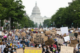 UNITED STATES - JUNE 6: Protesters march down Pennsylavania Avenue from the Capitol as George Floyd police brutality demonstrations and marches are held around Washington on Saturday, June 6, 2020. (Photo By Bill Clark/CQ-Roll Call, Inc via Getty Images)