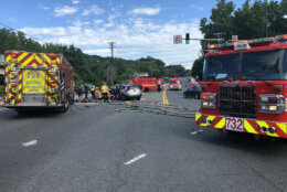 Four people were seriously injured in a multi-vehicle crash Tuesday morning on Route 28/West Montgomery Avenue near Interstate 270 in Rockville, Maryland. (Courtesy Montgomery County Fire and Rescue Service)