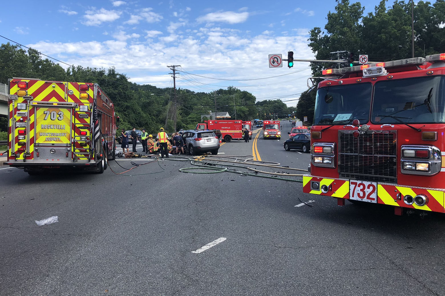 Four people were seriously injured in a multi-vehicle crash Tuesday morning on Route 28/West Montgomery Avenue near Interstate 270 in Rockville, Maryland. (Courtesy Montgomery County Fire and Rescue Service)