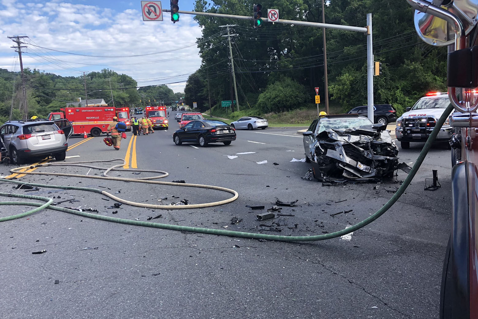 The crash happened just after 9 a.m. Tuesday when two vehicles apparently collided and then two subsequent vehicles crashed into the initial wreck, according to the Montgomery County Fire and Rescue Service. (Courtesy Montgomery County Fire and Rescue Service)