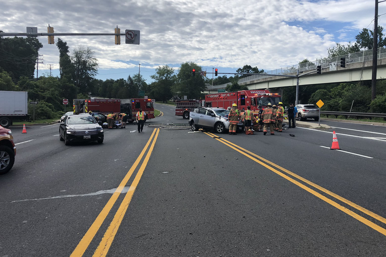 The crash happened just after 9 a.m. Tuesday when two vehicles apparently collided and then two subsequent vehicles crashed into the initial wreck, according to the Montgomery County Fire and Rescue Service. (Courtesy Montgomery County Fire and Rescue Service)
