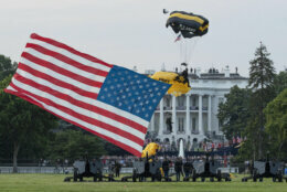 President Donald Trump and first lady Melania Trump watch as the U.S. Army Golden Knights Parachute Team descend during a "Salute to America" event on the South Lawn of the White House, Saturday, July 4, 2020, in Washington. (AP Photo/Alex Brandon)