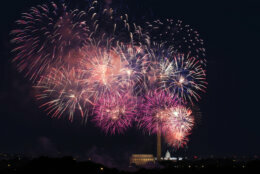 Fourth of July fireworks explode over the Lincoln Memorial, Washington Monument and U.S. Capitol, along the National Mall in Washington, Saturday, July 4, 2020. (AP Photo/Cliff Owen)