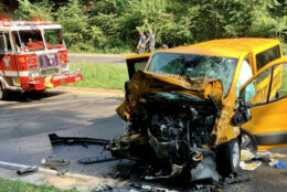 Five people were taken to the hospital, including two in critical condition, after a fiery crash Tuesday morning on the Suitland Parkway in D.C. (Courtesy D.C. Fire and EMS)