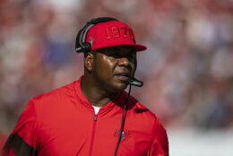 TAMPA, FL - DECEMBER 08, 2019 - Offensive Coordinator Byron Leftwich of the Tampa Bay Buccaneers during the game between the Indianapolis Colts and Tampa Bay Buccaneers at Raymond James Stadium. The Buccaneers won the game, 38-35. Photo By Kyle Zedaker/Tampa Bay Buccaneers