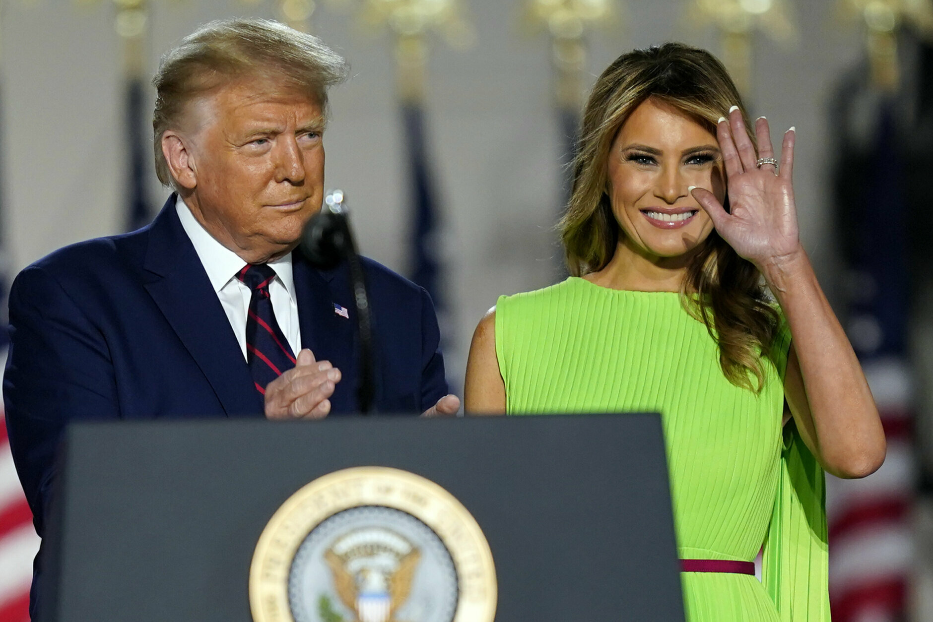 President Donald Trump and first lady Melania Trump arrive on South Lawn of the White House on the fourth day of the Republican National Convention, Thursday, Aug. 27, 2020, in Washington. (AP Photo/Evan Vucci)