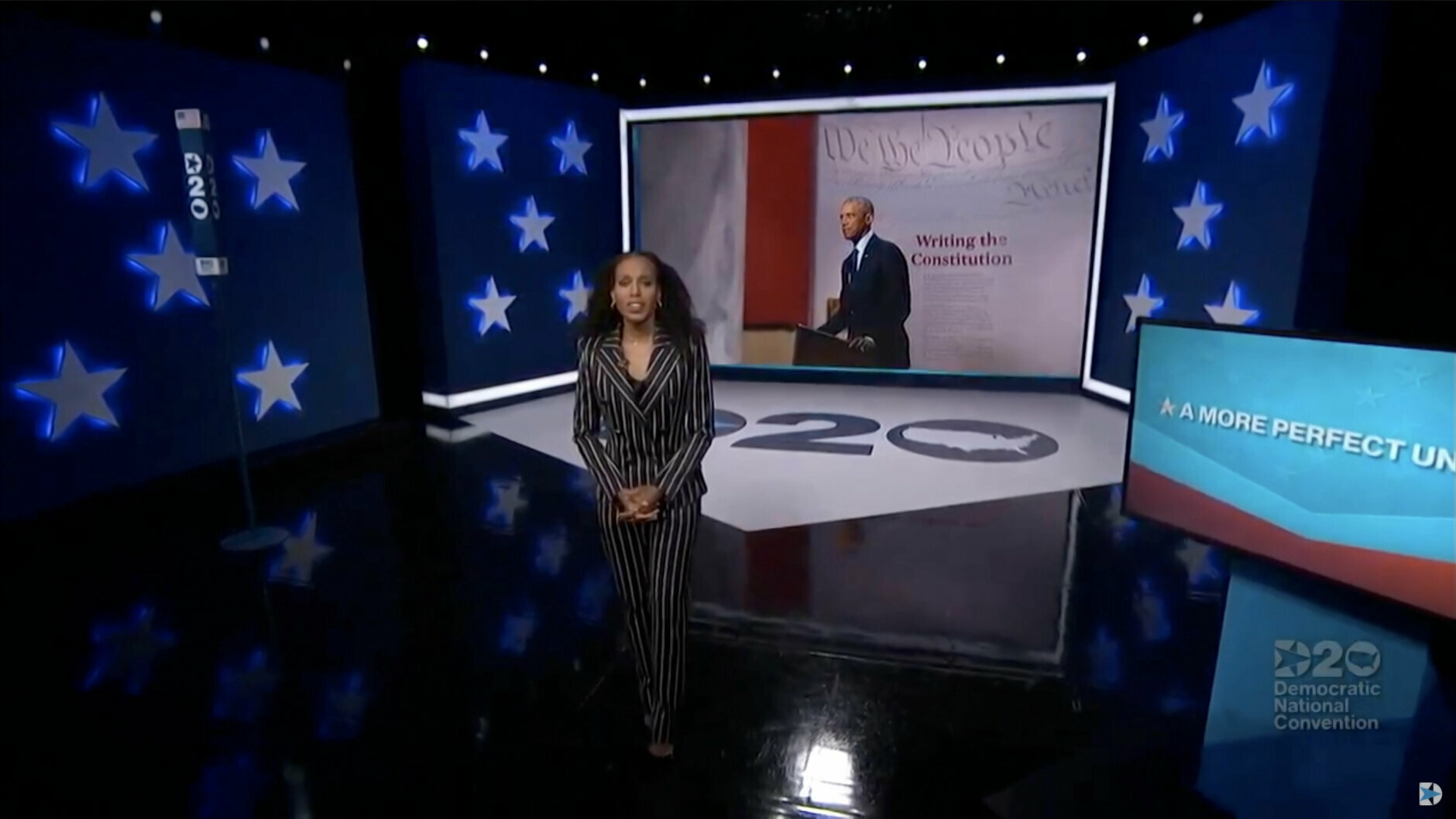 MILWAUKEE, WI - AUGUST 19: In this screenshot from the DNCC’s livestream of the 2020 Democratic National Convention, actress and activist Kerry Washington introduces former U.S. President Barack Obama during the virtual convention on August 19, 2020.  The convention, which was once expected to draw 50,000 people to Milwaukee, Wisconsin, is now taking place virtually due to the coronavirus pandemic.  (Photo by DNCC via Getty Images)  (Photo by Handout/DNCC via Getty Images)