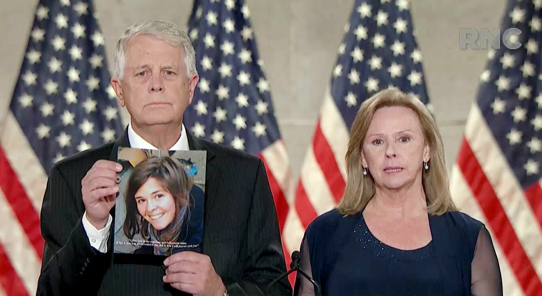 CHARLOTTE, NC - AUGUST 27: (EDITORIAL USE ONLY) In this screenshot from the RNC’s livestream of the 2020 Republican National Convention, Carl and Marsha Mueller, parents of humanitarian worker Kayla Mueller who was killed by ISIS, address the virtual convention on August 27, 2020. The convention is being held virtually due to the coronavirus pandemic but will include speeches from various locations including Charlotte, North Carolina and Washington, DC. (Photo Courtesy of the Committee on Arrangements for the 2020 Republican National Committee via Getty Images)