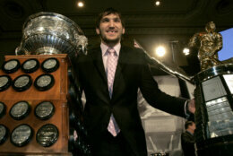 <p>Ovechkin was awarded the Art Ross and Maurice Rocket Richard trophies — for league points leader and leading goal scorer, respectively — in May 2008. Ovi scored 65 goals in the 2007-2008 season.</p>
