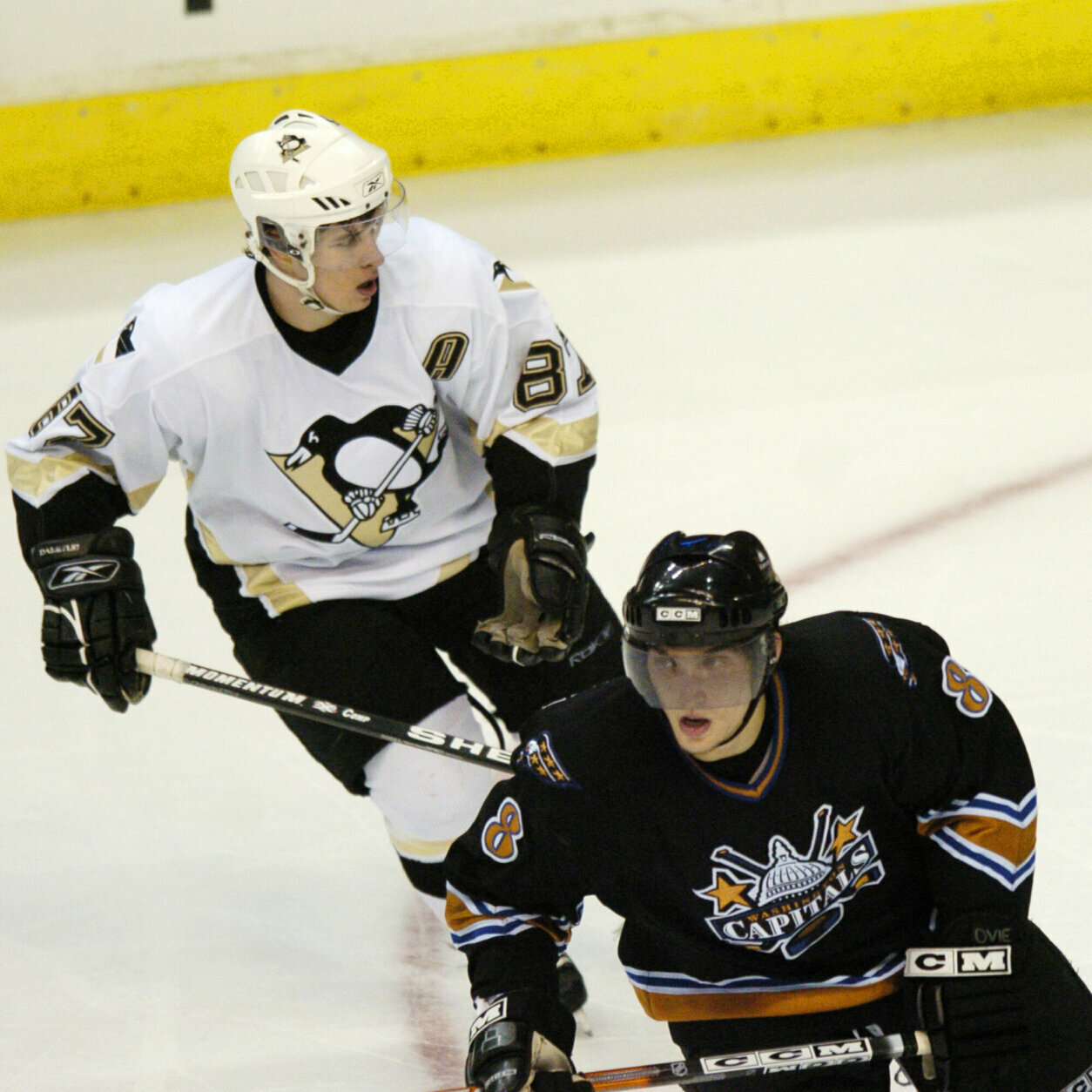 <p>Alex Ovechkin and the Penguins&#8217; Sidney Crosby skate in February 2006. The two rising stars would become the marquee names associated with the Washington-Pittsburgh rivalry.</p>
