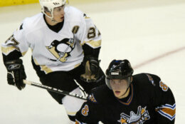 <p>Alex Ovechkin and the Penguins&#8217; Sidney Crosby skate in February 2006. The two rising stars would become the marquee names associated with the Washington-Pittsburgh rivalry.</p>
