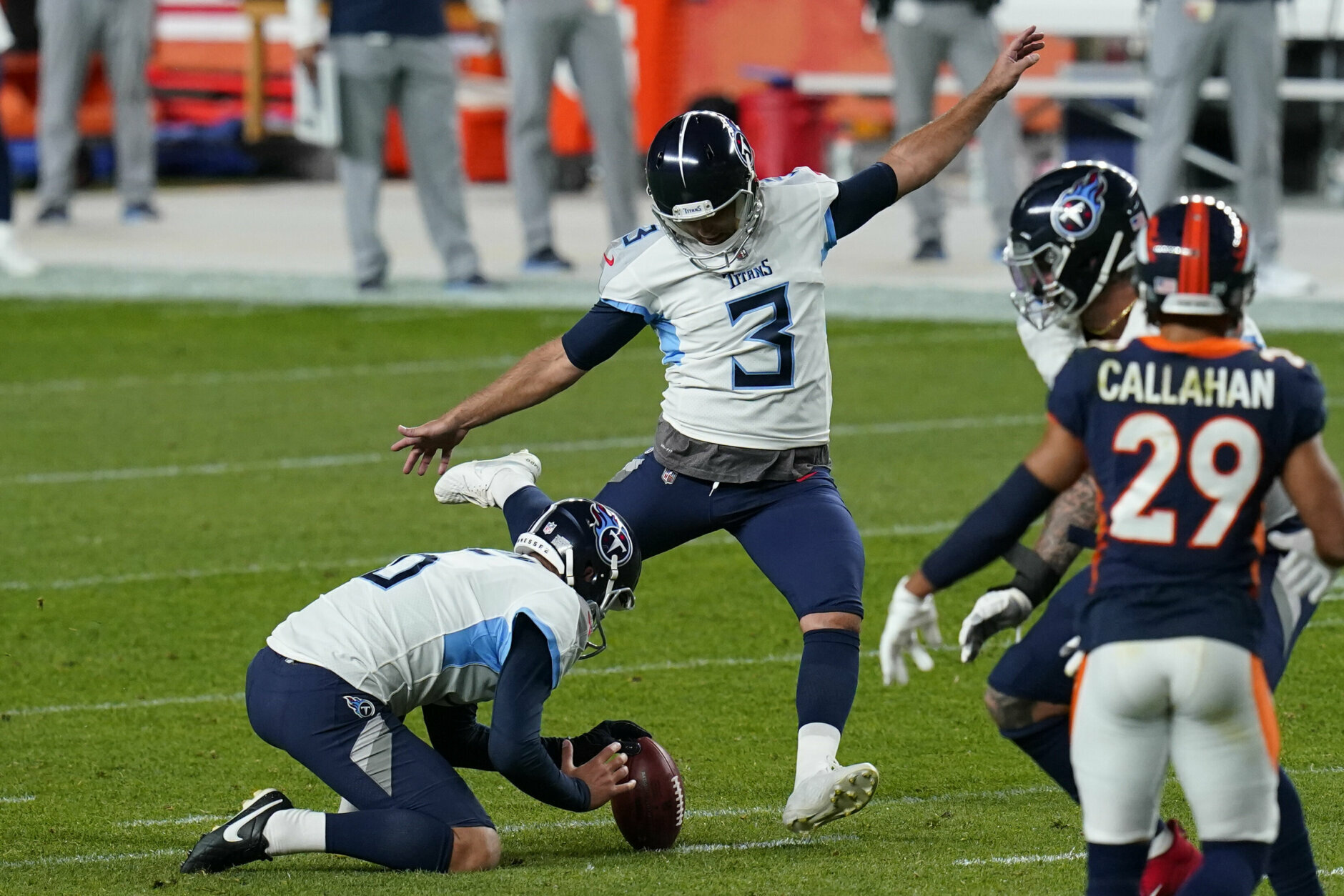 <p><b><i>Titans 16</i></b><br />
<b><i>Broncos 14</i></b></p>
<p>On this night, redemption was spelled G-O-S-T &#8230; you get the idea. Stephen Gostkowski missed three field goals in a game for the first time in his career, and an extra point to leave 10 points on the field in Denver &#8212; but he hit the one that counted most to save the day for Tennessee. It&#8217;ll be interesting to see if it&#8217;s enough to save his job.</p>
