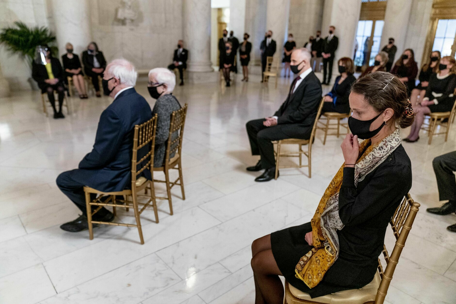Invited guests attend a private ceremony for Justice Ruth Bader Ginsburg at the Supreme Court in Washington, Wednesday, Sept. 23, 2020. Ginsburg, 87, died of cancer on Sept. 18. (AP Photo/Andrew Harnik, Pool)