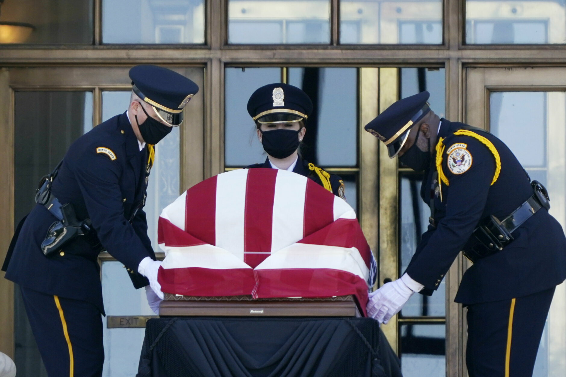 The flag-draped casket of Justice Ruth Bader Ginsburg lies in repose under the Portico at the top of the front steps of the U.S. Supreme Court building on Wednesday, Sept. 23, 2020, in Washington. Ginsburg, 87, died of cancer on Sept. 18. (AP Photo/J. Scott Applewhite)