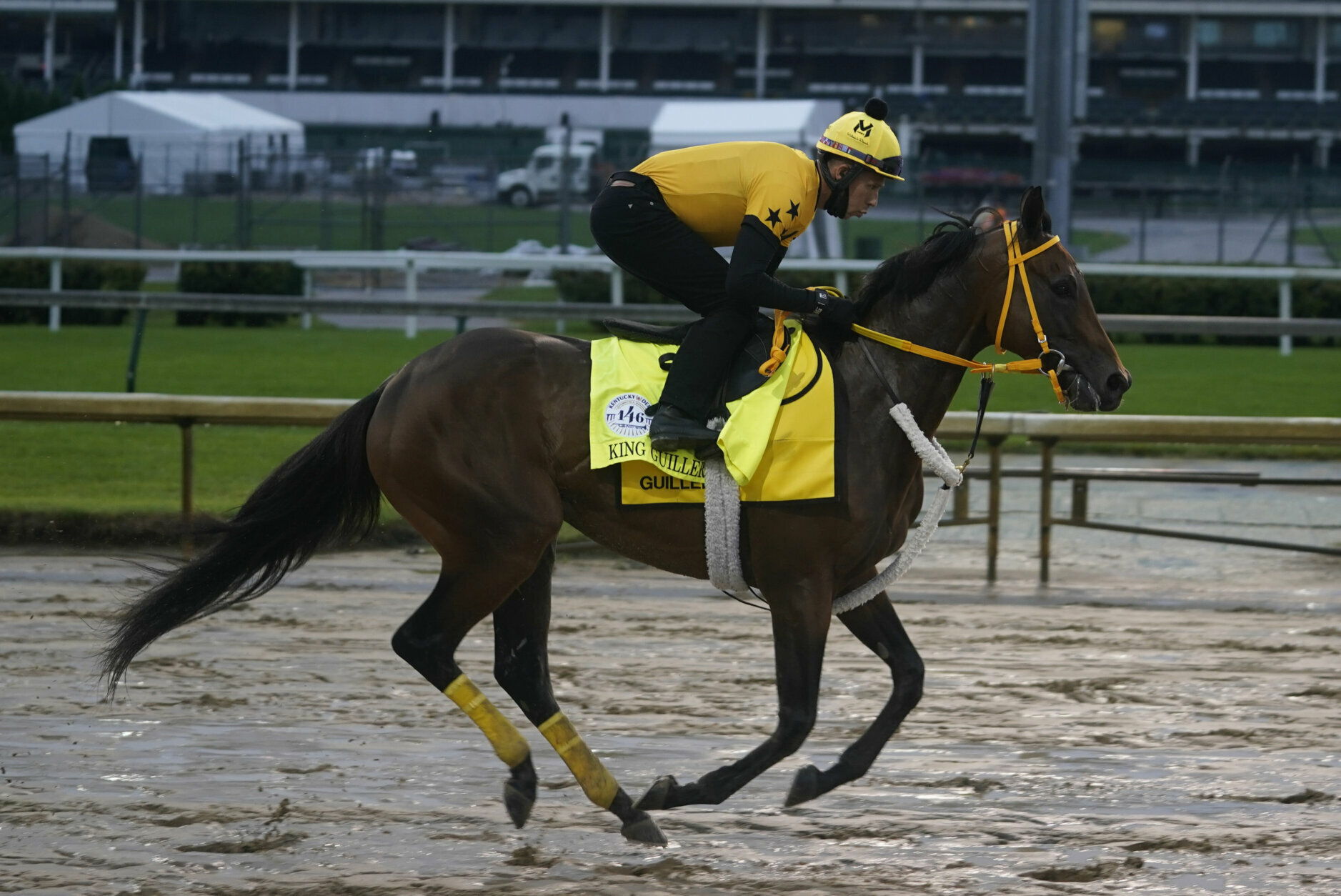 Kentucky Derby entry King Guillermo runs during a workout at Churchill Downs, Wednesday, Sept. 2, 2020, in Louisville, Ky. The 146th running of the Kentucky Derby is scheduled for Saturday, Sept. 5. (AP Photo/Darron Cummings)