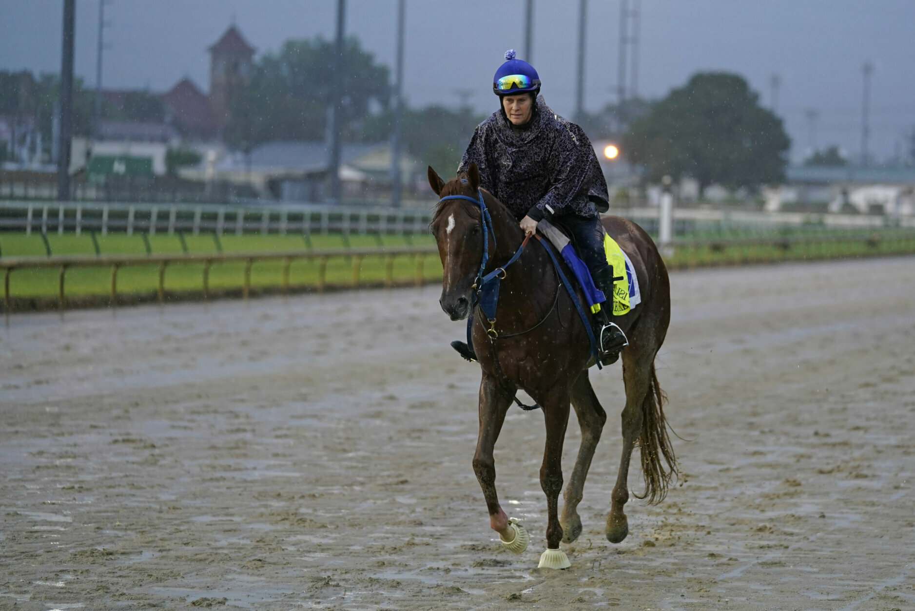 Kentucky Derby entry Necker Island runs during a workout at Churchill Downs, Thursday, Sept. 3, 2020, in Louisville, Ky. The Kentucky Derby is scheduled for Saturday, Sept. 5th. (AP Photo/Darron Cummings)