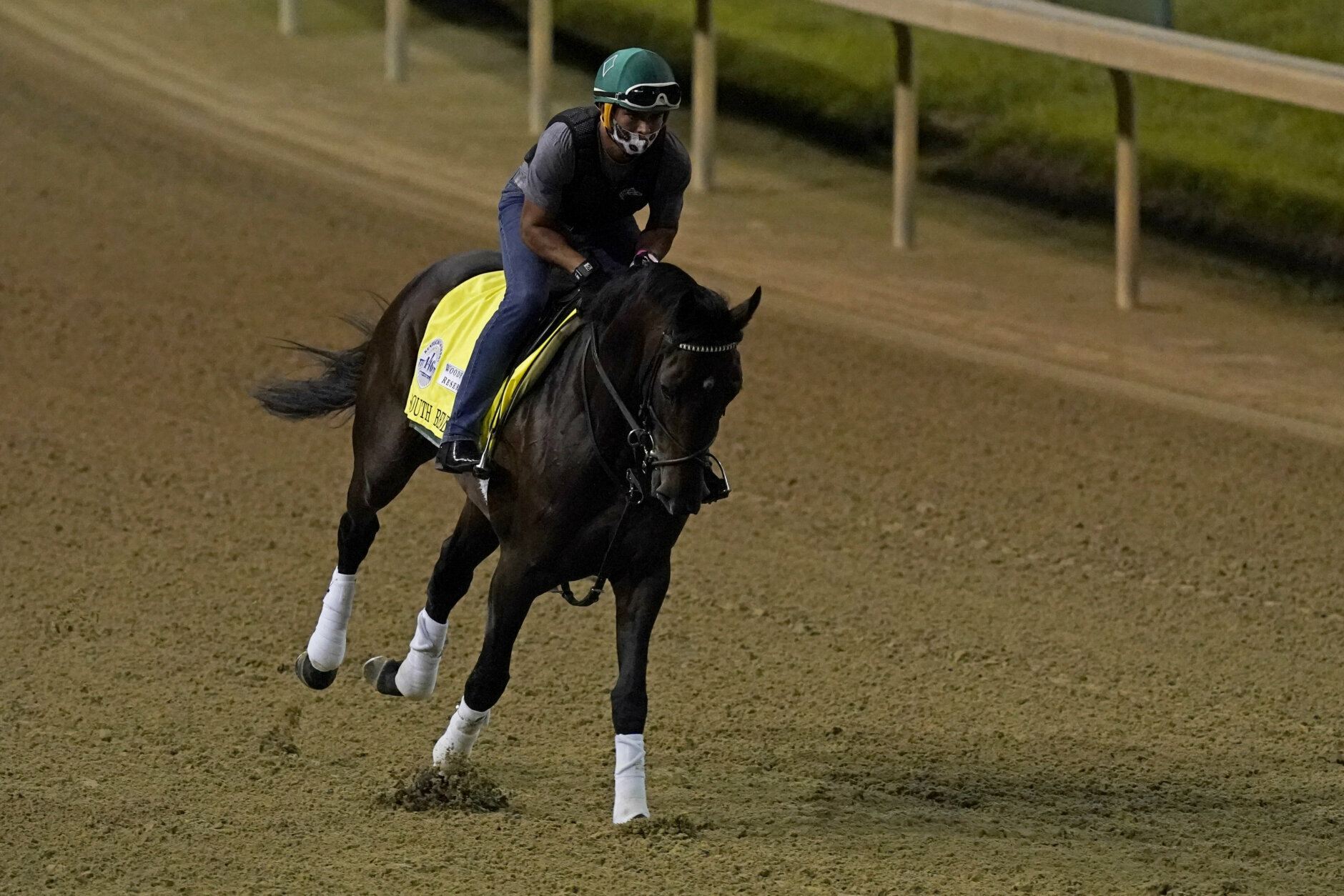 Kentucky Derby entry South Bend runs during an early-morning workout at Churchill Downs, Friday, Sept. 4, 2020, in Louisville, Ky. The Kentucky Derby is scheduled for Saturday, Sept. 5th. (AP Photo/Charlie Riedel)