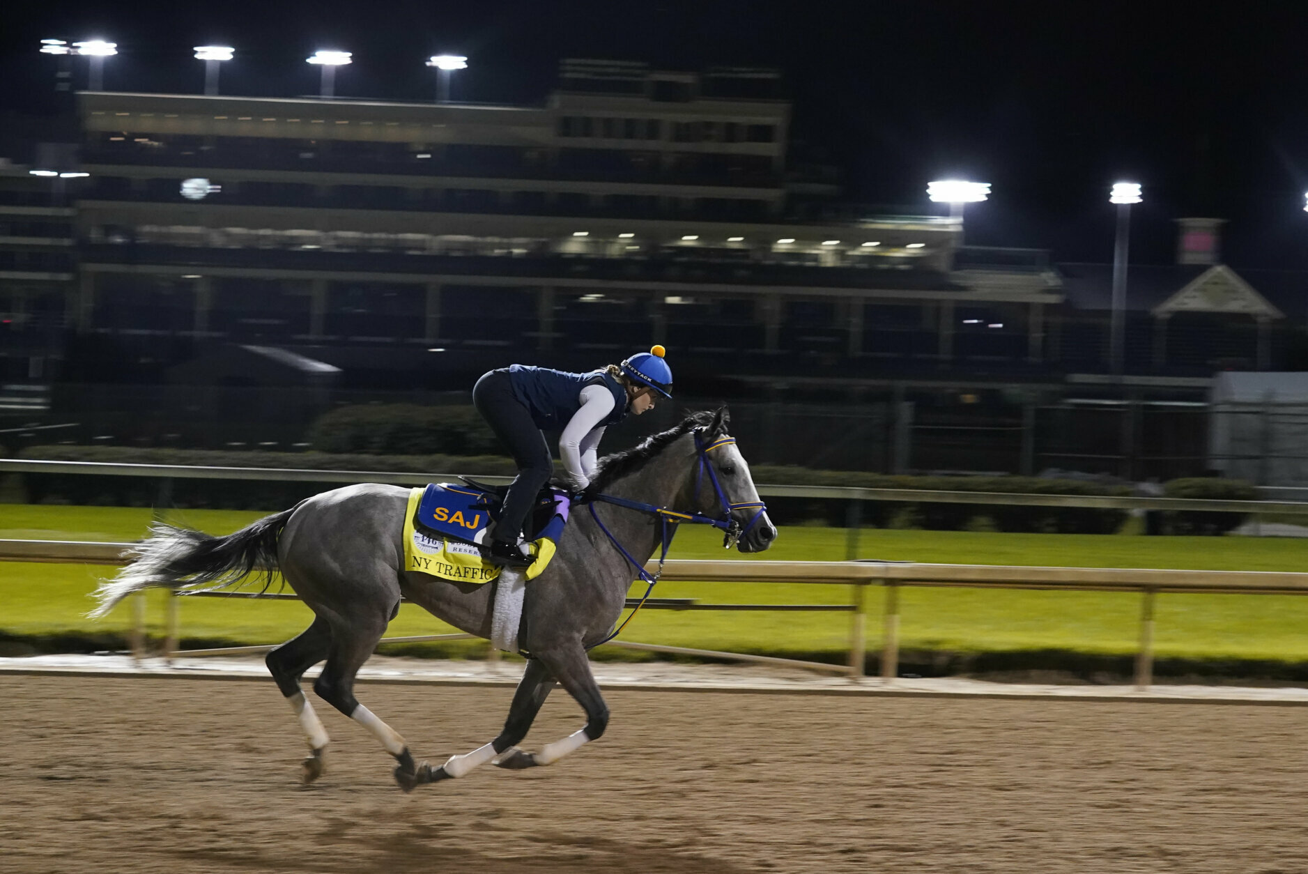 Kentucky Derby entry Ny Traffic runs during a workout at Churchill Downs, Friday, Sept. 4, 2020, in Louisville, Ky. The Kentucky Derby is scheduled for Saturday, Sept. 5th. (AP Photo/Darron Cummings)