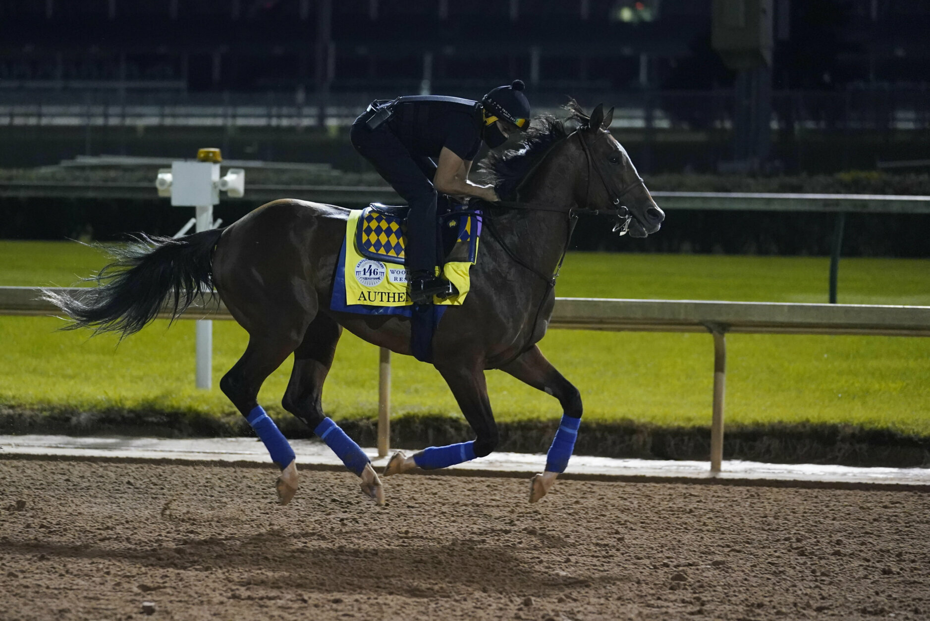 Kentucky Derby entry Authentic runs during a workout at Churchill Downs, Friday, Sept. 4, 2020, in Louisville, Ky. The Kentucky Derby is scheduled for Saturday, Sept. 5th. (AP Photo/Darron Cummings)