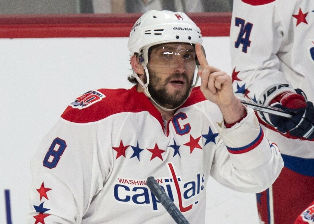 <p>Ovechkin celebrates his 51st goal of the season during an April 2015 game with the Canadiens in Montreal.</p>
