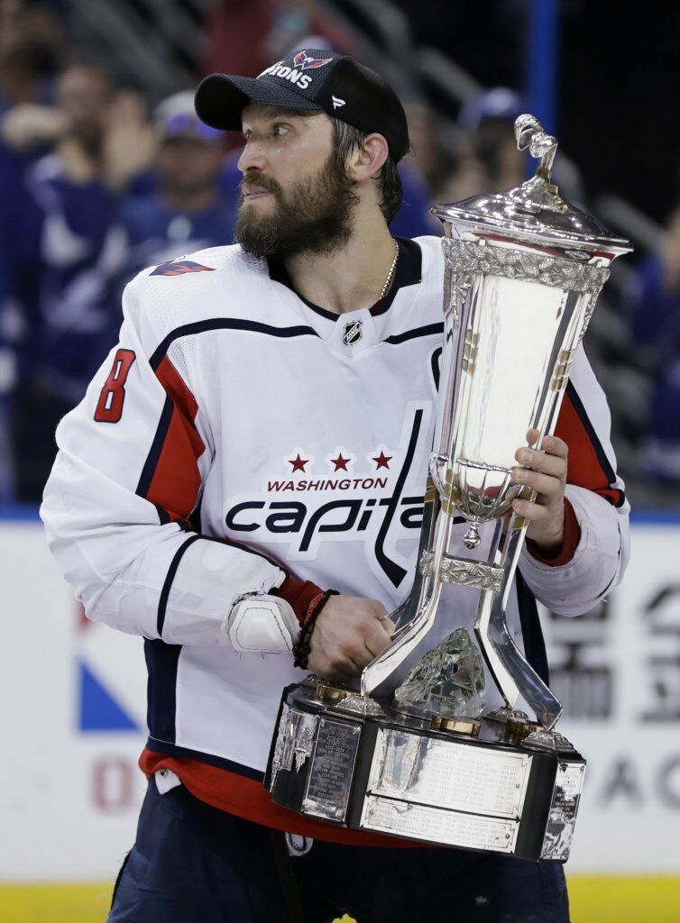 <p>Ovechkin holds the Prince of Wales trophy in May 2018, after the Capitals beat Tampa Bay in Game 7 of the Eastern Conference Finals.</p>

