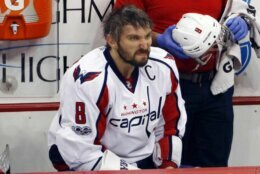 <p>Ovechkin sits on the bench during Game 4 of the 2017 Eastern Conference semifinal against Pittsburgh. The Penguins won that series and went on to win the Stanley Cup. The Caps got their playoff revenge against the Pens in 2018.</p>
