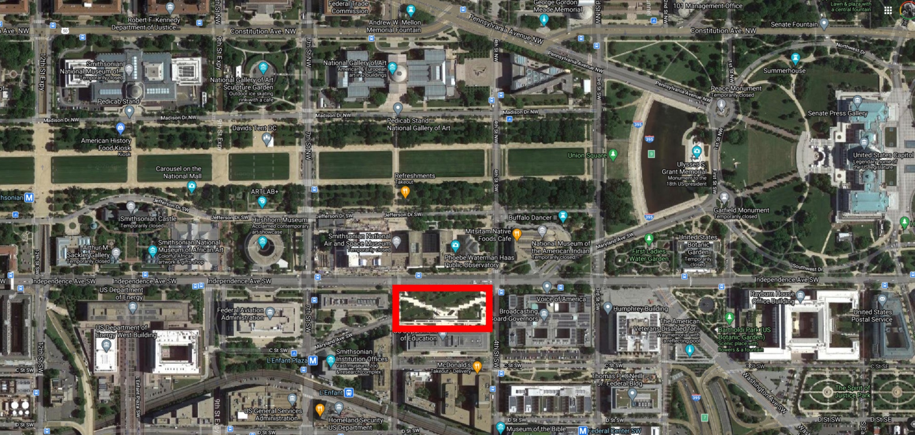 <p>The Dwight D. Eisenhower Memorial is located south of the Smithsonian National Air and Space Museum along Independence Avenue. (Courtesy Google Maps)</p>
